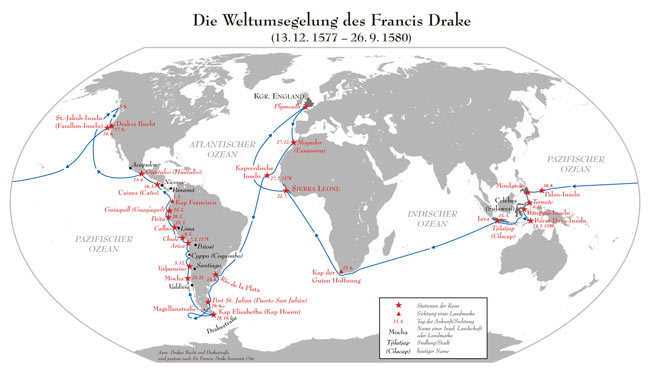 La odisea de Francis Drake, dio lugar a la falsa historia de considerarle como el primer navegante que dio la vuelta al mundo.